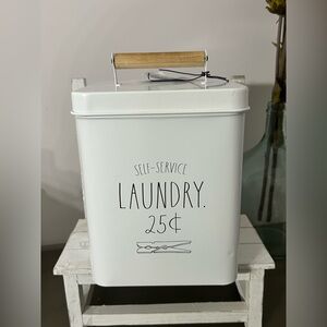 Rae Dunn White Laundry Tin with Wooden Handle